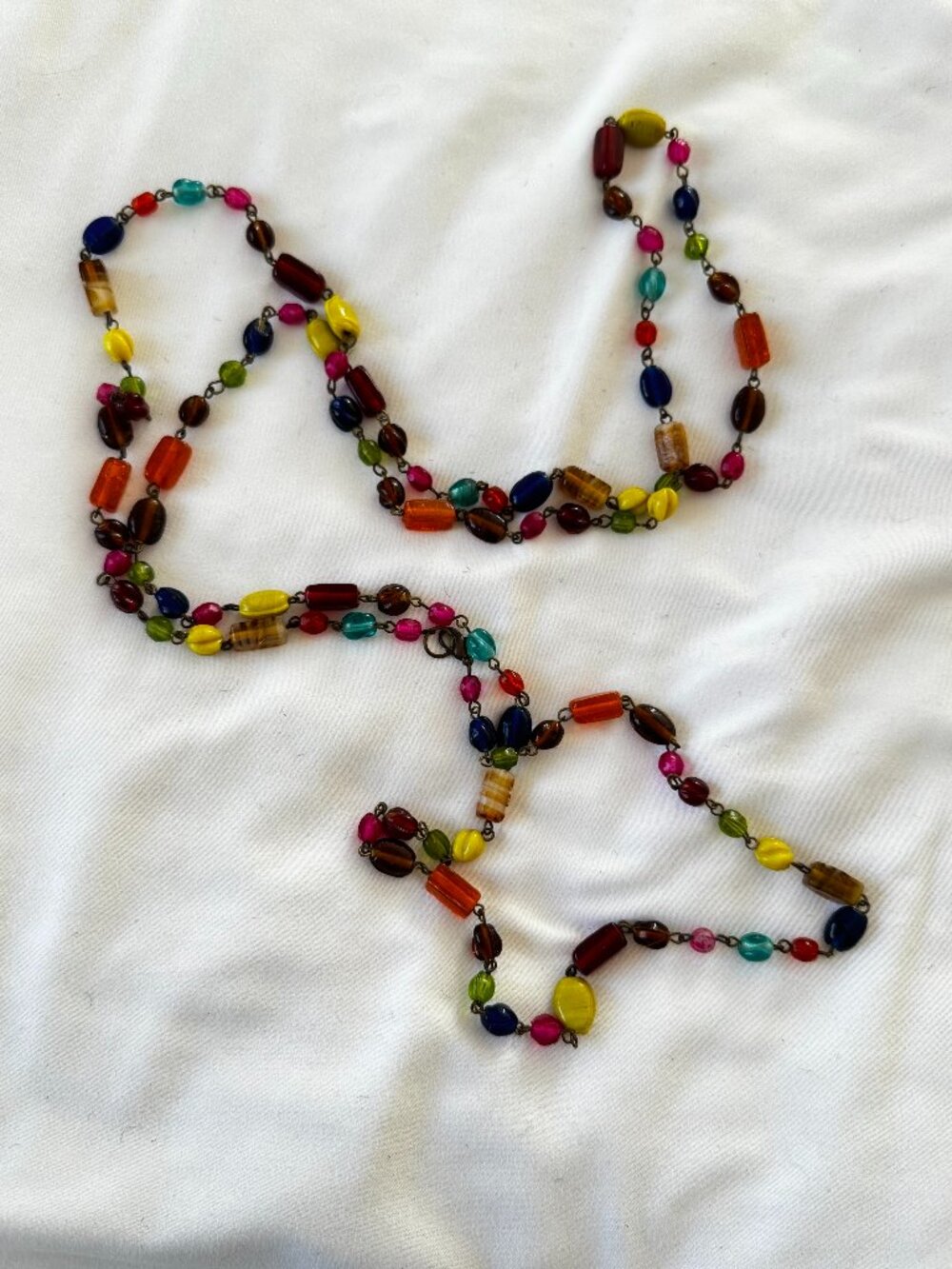Long 60" Vintage Glass Bead Multi Color Rainbow Necklace Rosary Wrap